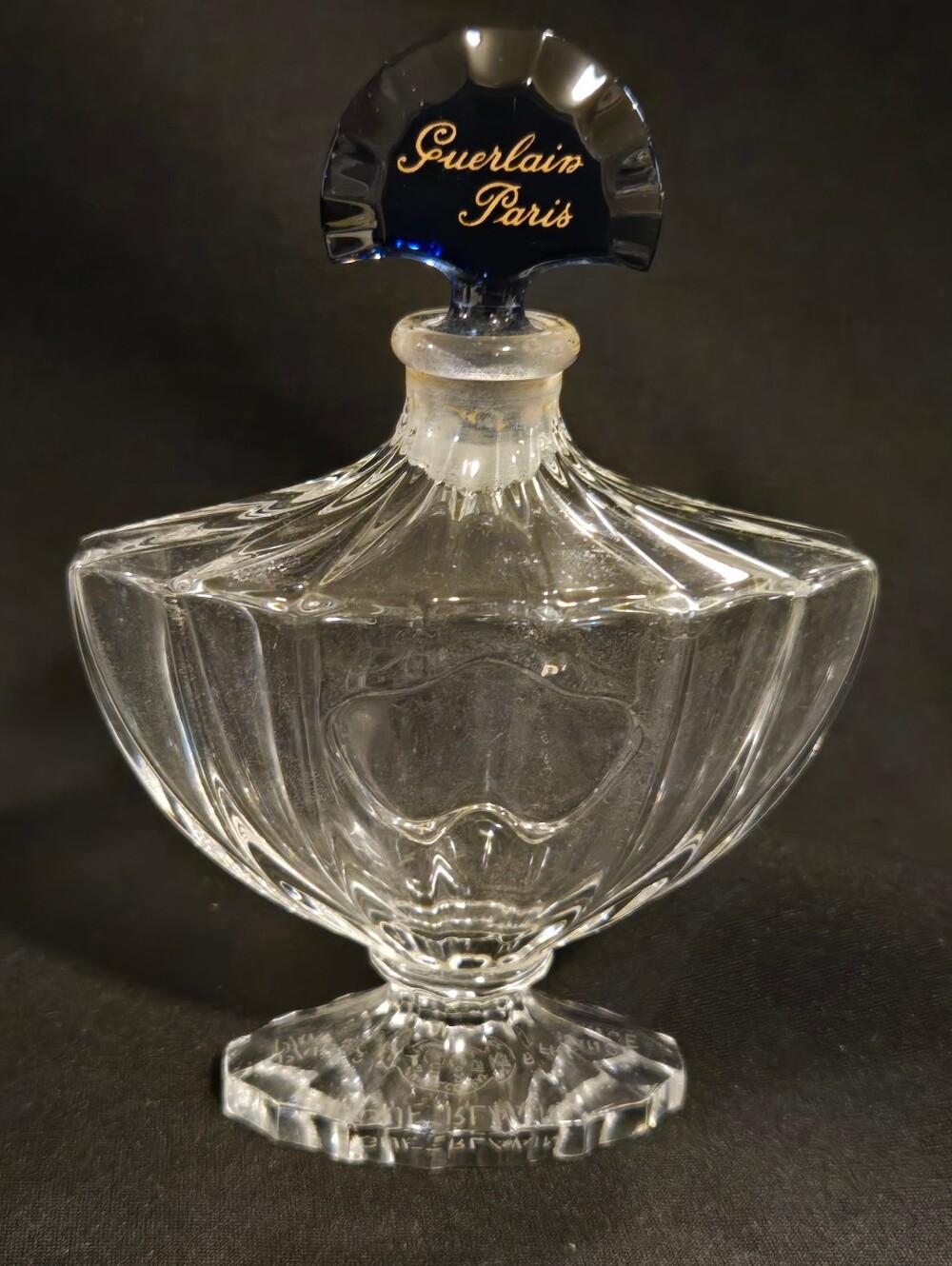 Guerlain Paris Clear Crystal Perfume Bottle with Navy Stopper